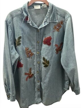 Bobbie Brooks Embroidered Fall Shirt Women’s Blue Button-Up size 14w/16w